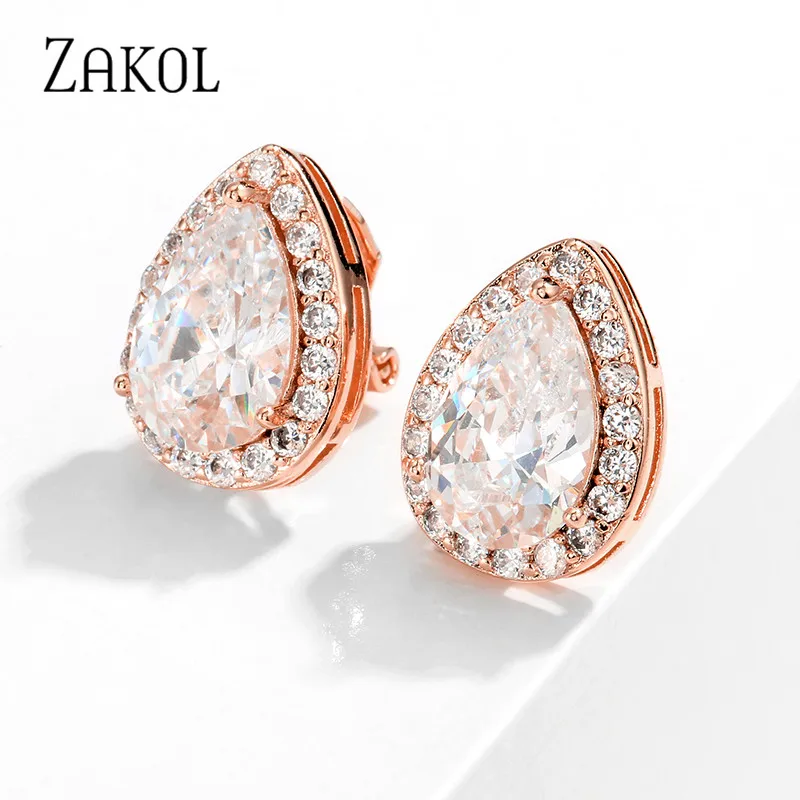 ZAKOL Fashion Water Drop Zircon Clip Earrings Without Piercing Puncture for Women Classic Bridal Wedding Jewelry Dropshipping