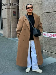 Fashion Solid Woolen Lapel Long Overcoat Women Elegant Double-breasted Pockets Oversize Coat Autumn New Lady Office Outerwear