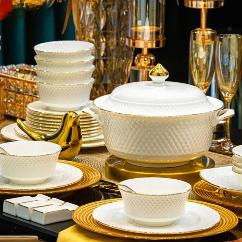 

New Jingdezhen Bone China Tableware Set Pure White Underglaze Colour Tableware Set Ceramic Bowl and Plate Set Household Bowl