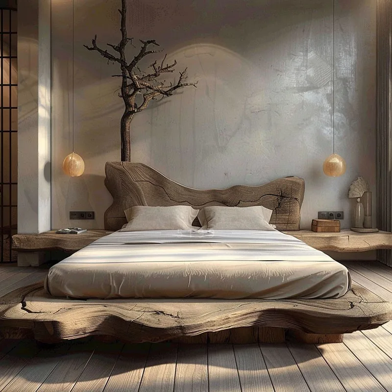 Wabi sandy wind peach blossom core solid wood bed 1.8 meters simple master bedroom high-end atmospheric