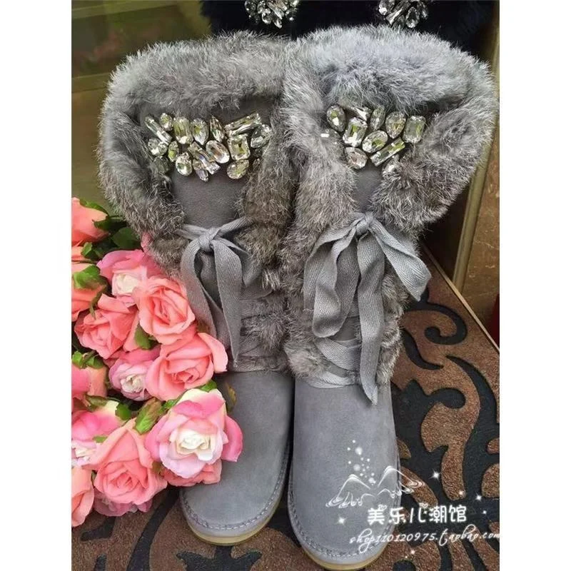 Creative Rex rabbit fur one Snow boots Leather heavy drill accessories Flat high strap knee-high women's cotton shoes 34-40