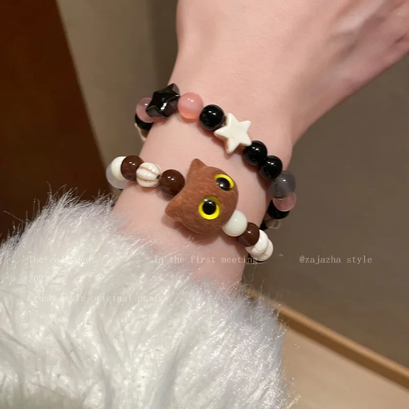 IMITATE Natural Stone Flocking Kitten Beaded Bracelet for Autumn and Winter Girls Handbracelet Ins Blogger Ceramic Handwear Gift