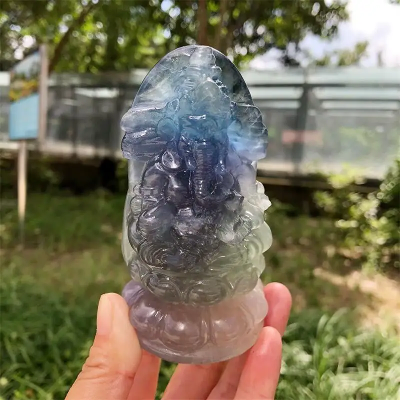 

10CM Natural Purple Fluorite Ganesha Carving Cartoon Stones Healing Polished Mineral Ornaments Home Decoration 1PCS