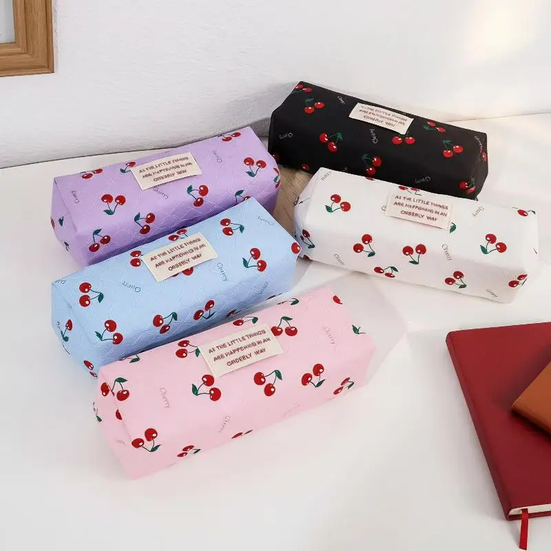 Red Cherry Cute Portable Student Pencil Bag Stationery Bag High Beauty Large Capacity Zipper Storage Bag Student Supplies White