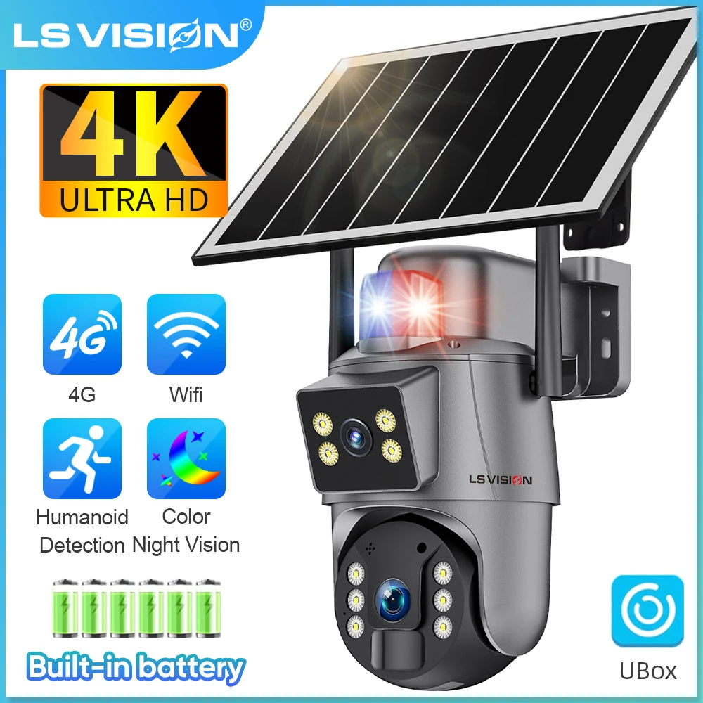 LS VISION 4K شاشة مزدوجة 4G كاميرا أمان تعمل بالطاقة الشمسية واي فاي في الهواء الطلق PIR الإنسان السيارات تتبع ضوء إنذار CCTV مراقبة كامارا UBOX