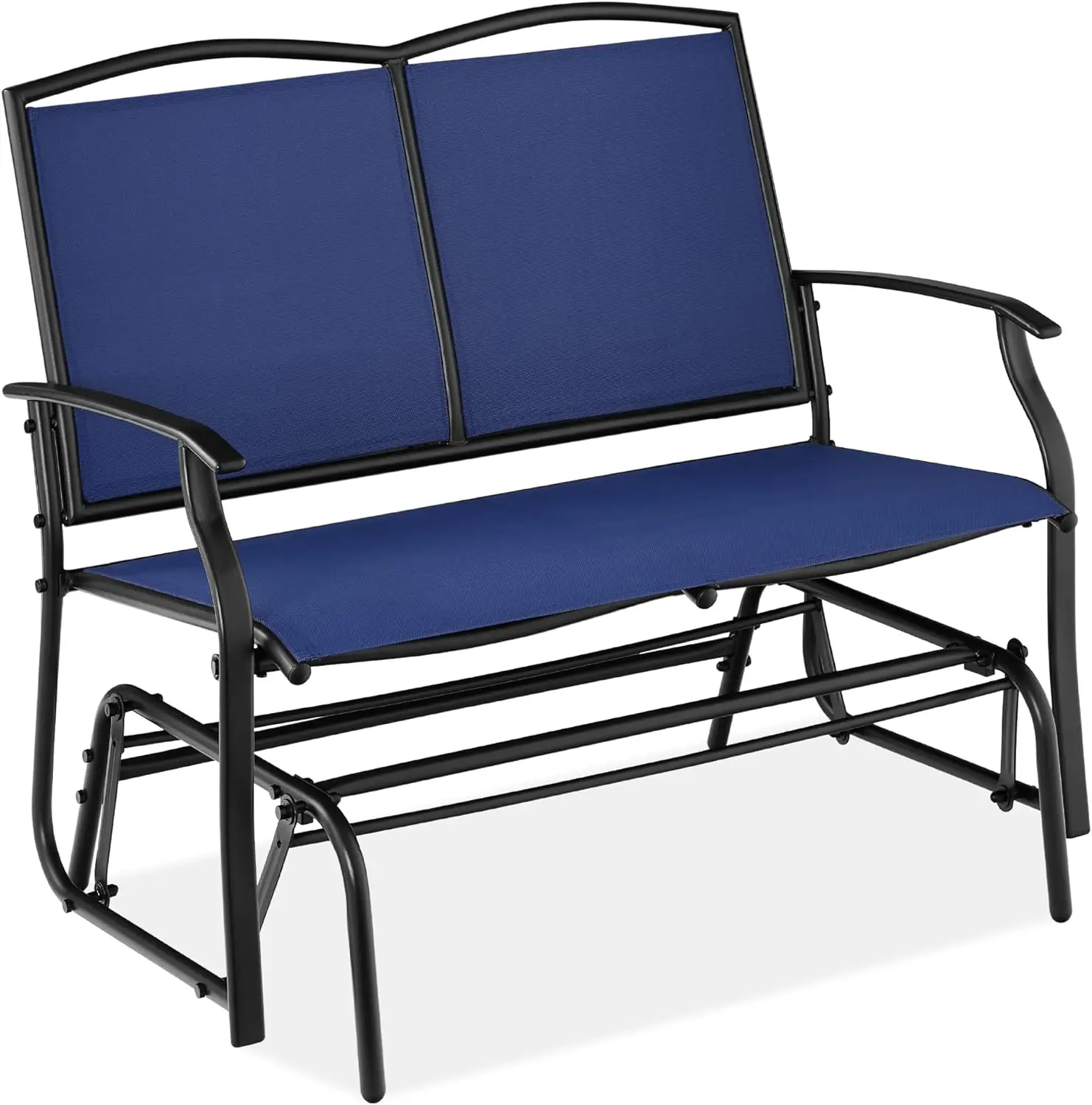 

2-Person Outdoor Patio Swing Glider Steel Bench Loveseat Rocker for Deck, Porch w/Textilene Fabric, Steel Frame - Navy/Black