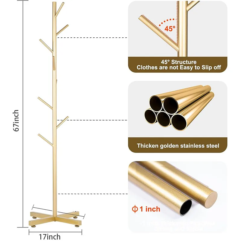 Portmanto Zemin Ayakta Elbise Askısı 8 Kanca ile Paslanmaz Çelik Ağaç Askısı Ev Ofis Elbise Ceket Şapka Çanta Malzemeleri