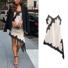 Cami Tops Black Lace V Neck Patchwork Sleeveless Y2K Style for Women - Long Splicing Top