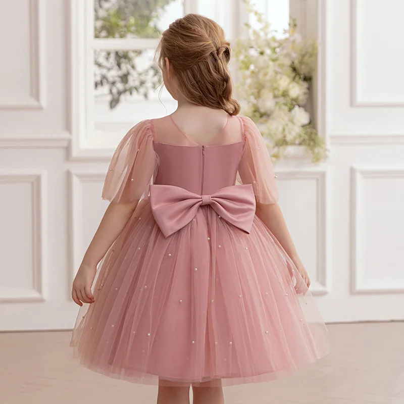 Abito elegante per ragazze Abito da principessa in tulle con fiocco grande e perle per bambini Abito da spettacolo per prima comunione, festa di compleanno, matrimonio