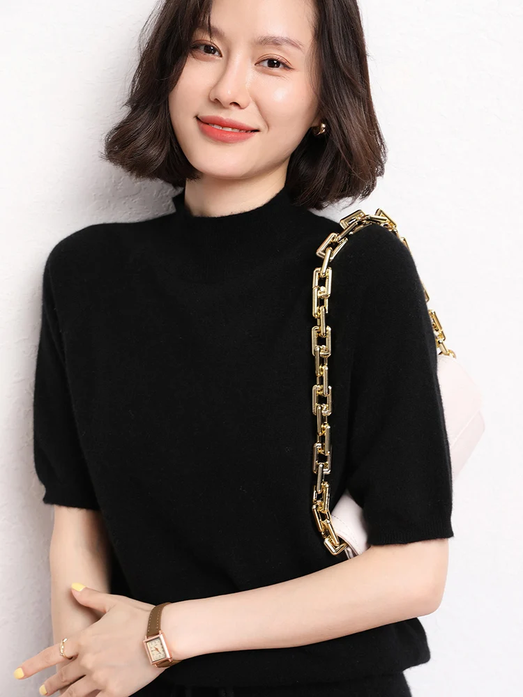 High-end Women Cashmere Pullover Sweaters For Spring Summer Mock Neck Half-sleeve T-Shirt Office Lady 100% Cashmere Knitwear