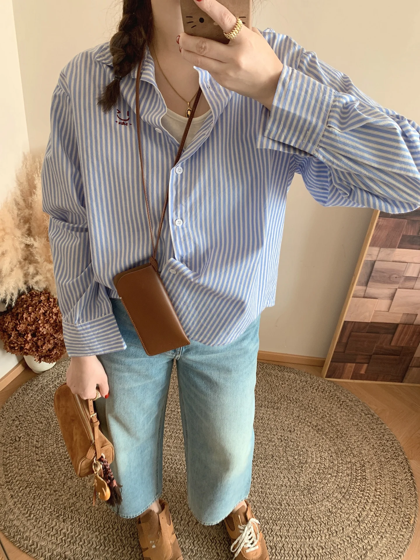 

Spring 2026 Women's Loose Long Sleeve Shirt Embroidered Casual Style Blue Striped Breathable Cotton Korean Fashion