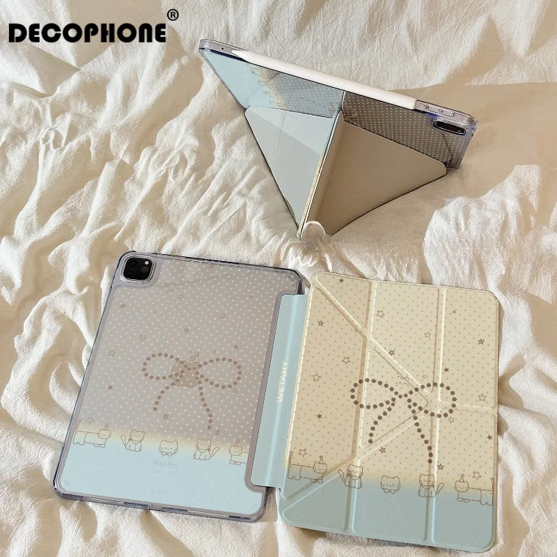 Polka-Dot Bow Cat 3+Y-fold Tablet Case for Samsung GalaxyTab/Redmi/Lenovo/ IPad/HONOR MagicPad/OPPO/ONE PLUS/HUAWEIMATEOAD