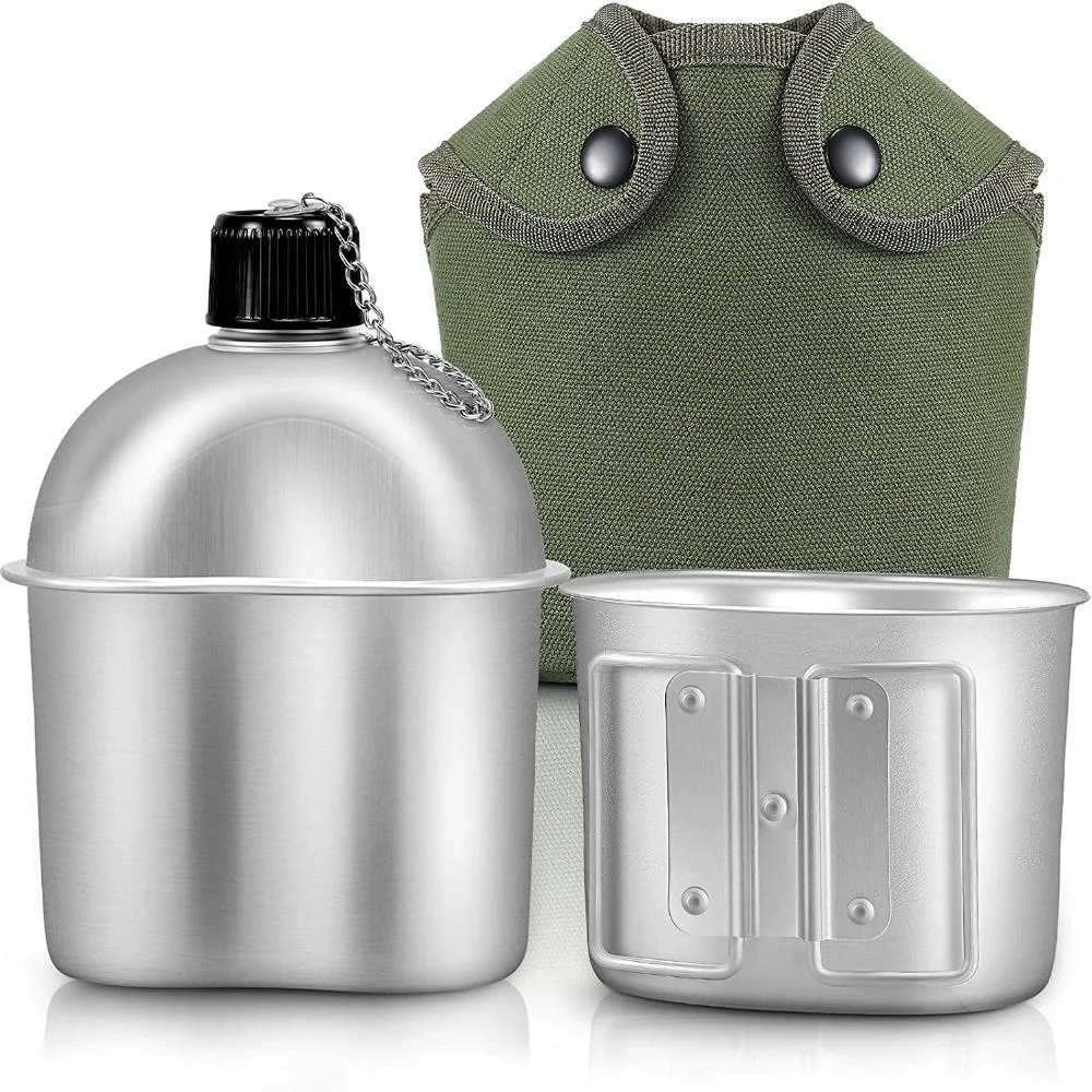 3PCS/Set Military Canteen Cookware Multi-Functional Water Bottle with Grab Handled Cup Canvas Cover Bag Outdoor Camping Hiking