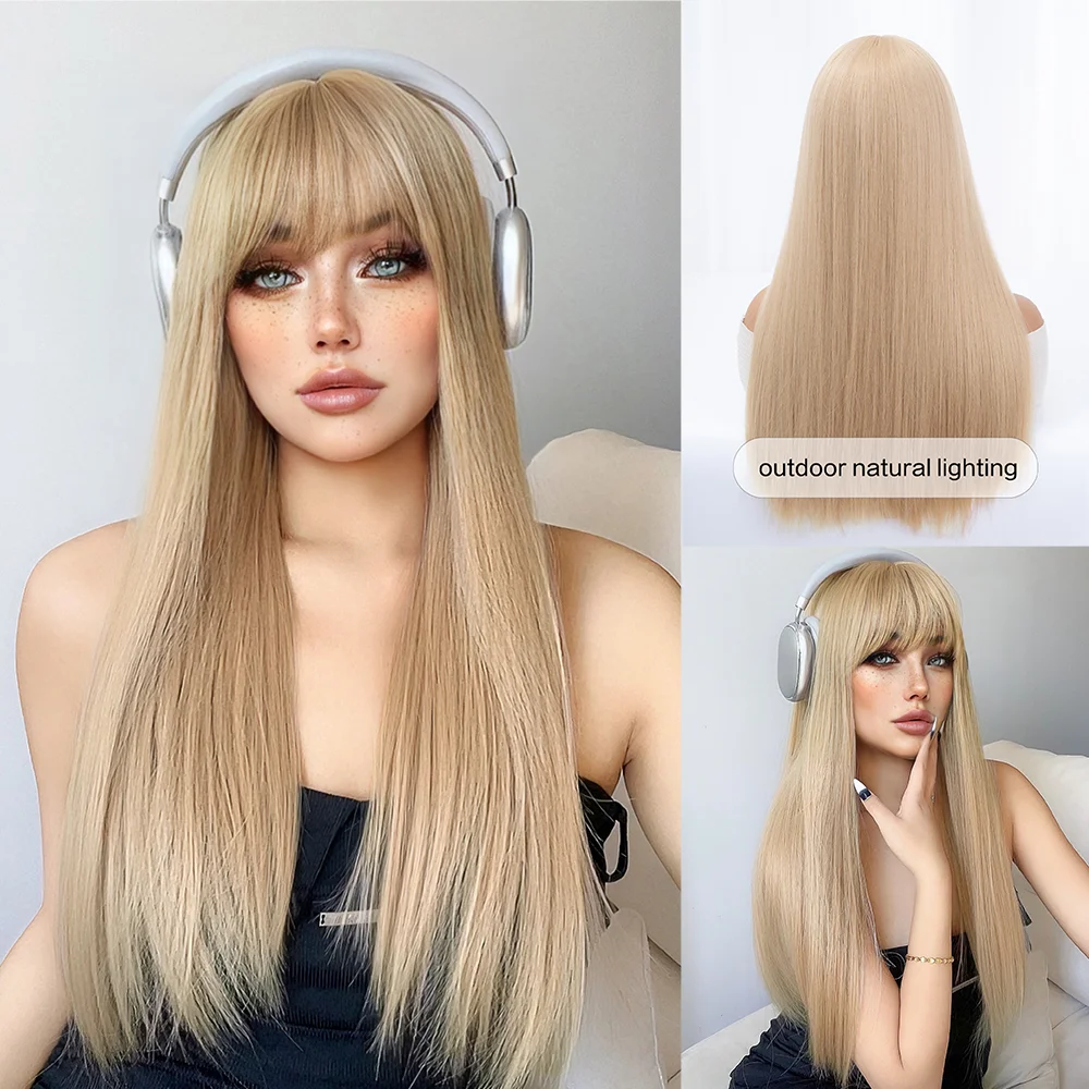 

24Inch Blonde Synthetic Wigs With Bang Long Natural Straight Hair For Women Daily Use Cosplay Party Drag Queen Heat Resistant