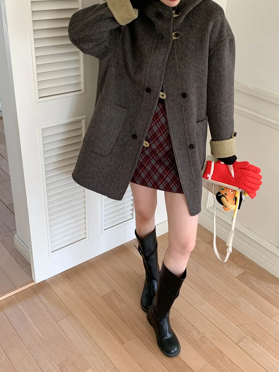 

Женское зимнее повседневное двубортное пальто с капюшоном, свободная шерстяная модная верхняя одежда с длинными рукавами