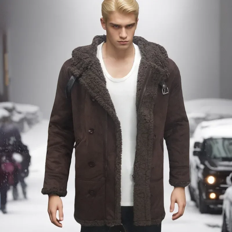 European and American Men's 2024 New Winter Suede Overcoat. Fashionable Fur-in-one Thickened Hooded Lamb Wool Jacket.