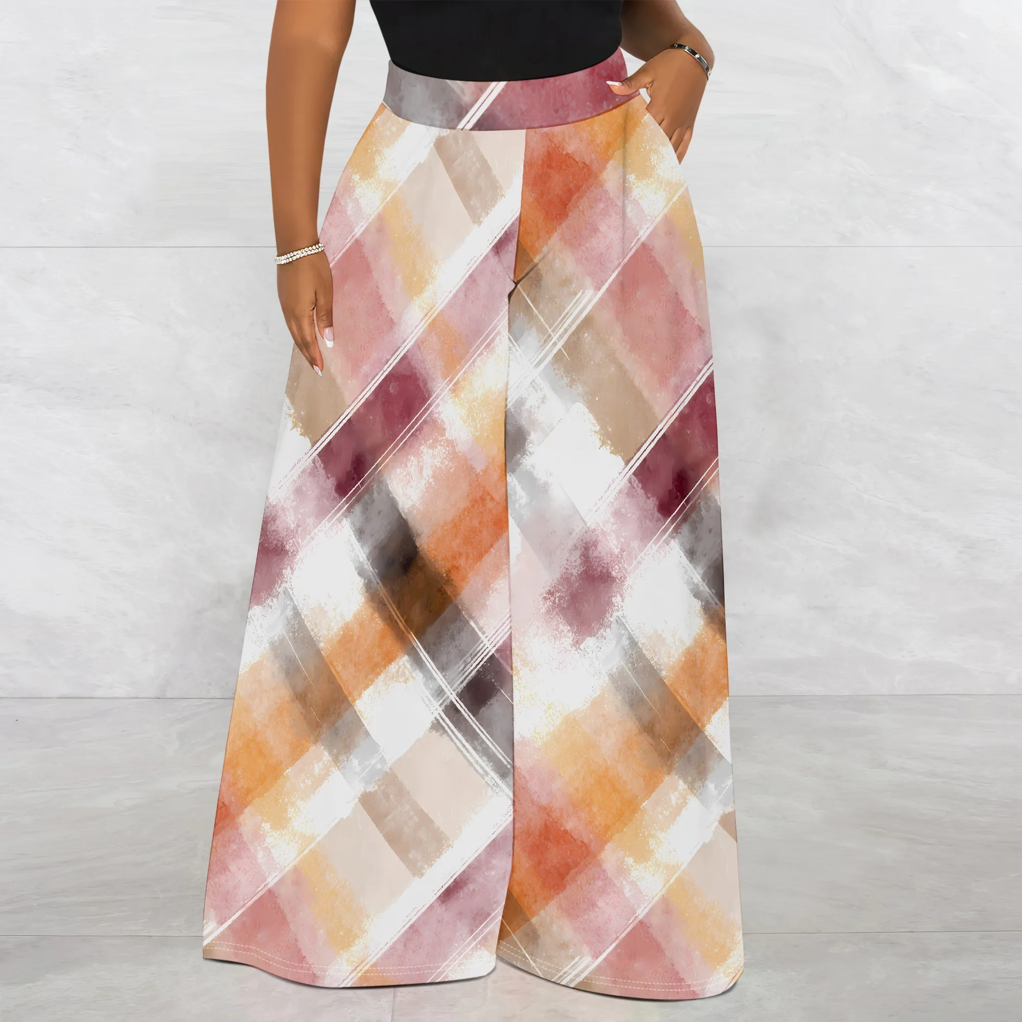 Plaid Print Wide Leg Pants, Watercolor Check Trousers, Soft Palazzo Pants for Women, Casual Daily Wear, S-2XL