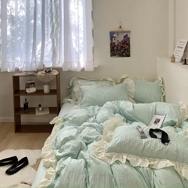Bed Product Spring and Summer Gentle Feng Shui Wash Cotton Wrinkled Yarn Princess Four Sets Bed Sheets Cover Student Dormitory