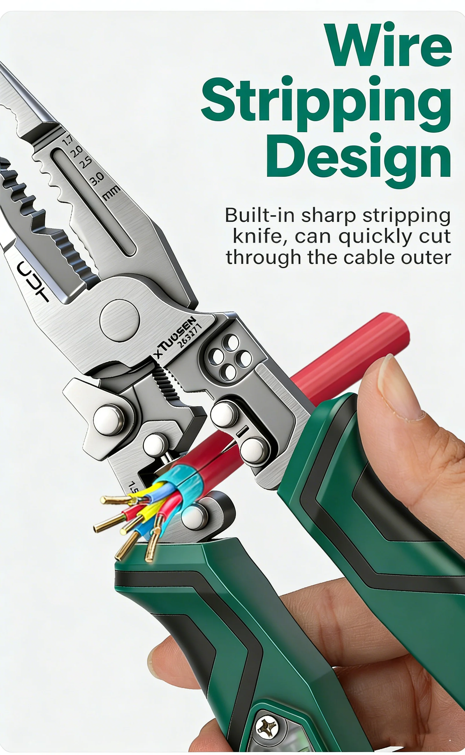 TUOSEN Elektriker-Multitool-Set mit Spannungsprüfer, Abisolierzange und Zange zum Wickeln, Umlindern und Crimpen - Langlebiges Werkzeugset – Detail 10