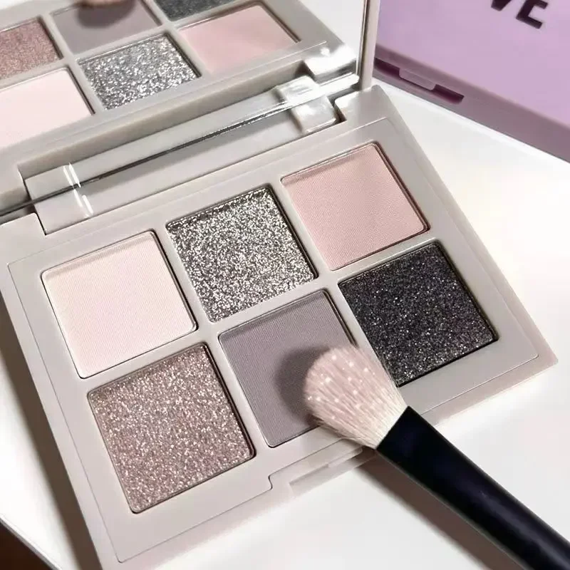 Sombra de ojos de 6 colores, paleta de pigmento brillante, mate, perlado, plateado, gris oscuro, maquillaje Negro tierra duradero