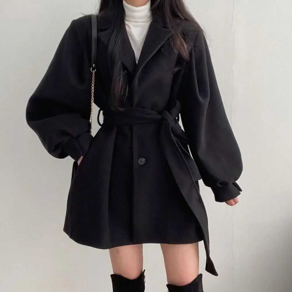 

Medium Length Coat Stylish Fall Winter Women's Jacket with Belt Pockets English Style A-line Overcoat for Dating Commuting