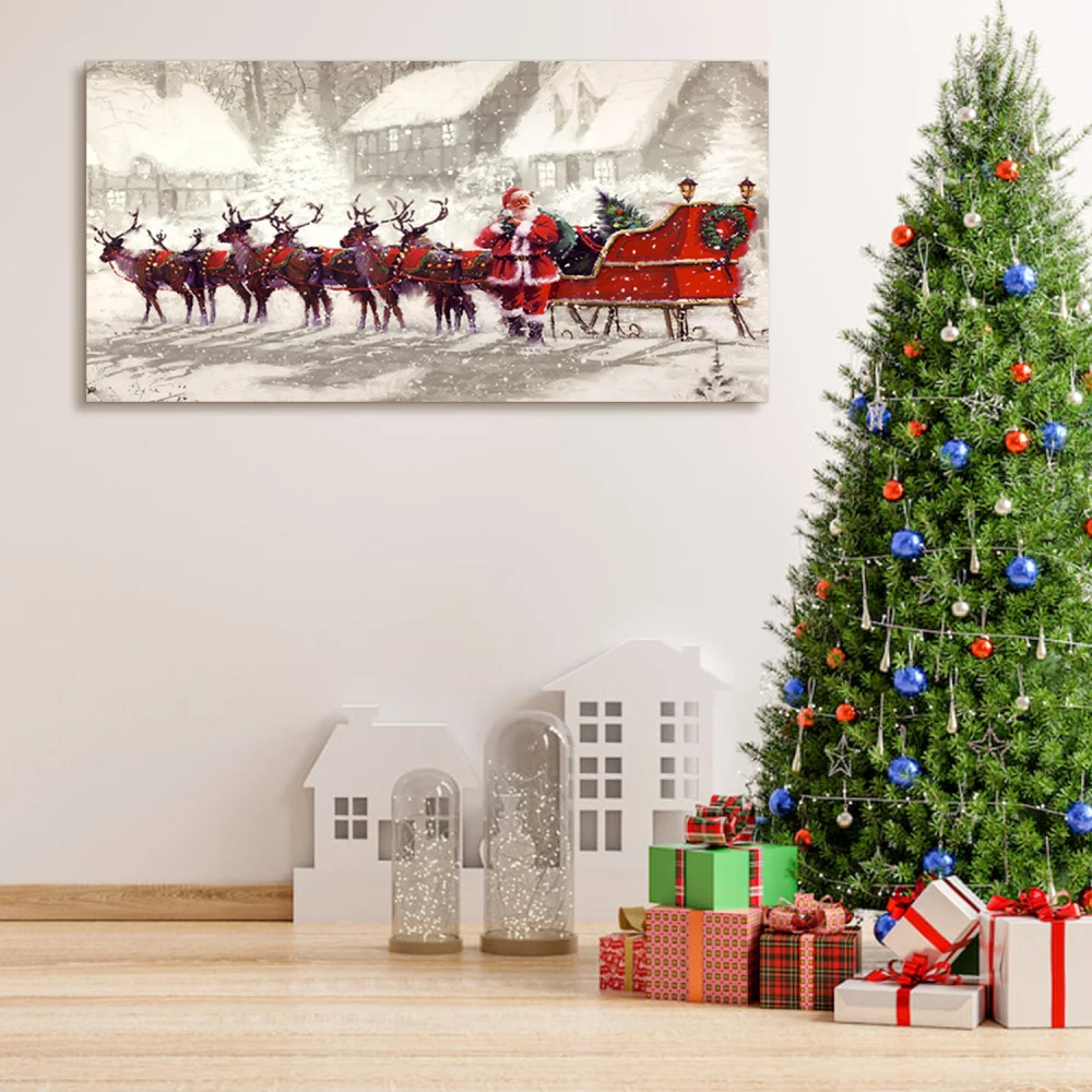 Framed Canvas Wall Art: Santa & Reindeer Painting, Chrismas Decor for Rooms - Ready to Hang.