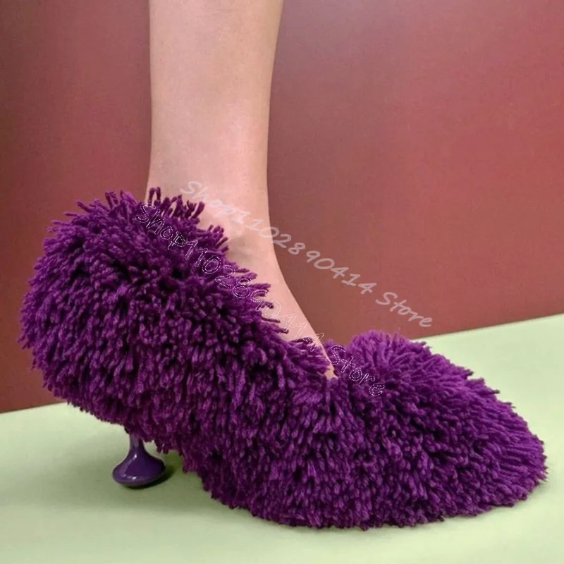 

Purple Lamb Wool Strange Style Heels Pumps Slip On Women Shoes Novel Party Banquet Runway Autumn Winter 2024 Zapatos Para Mujere