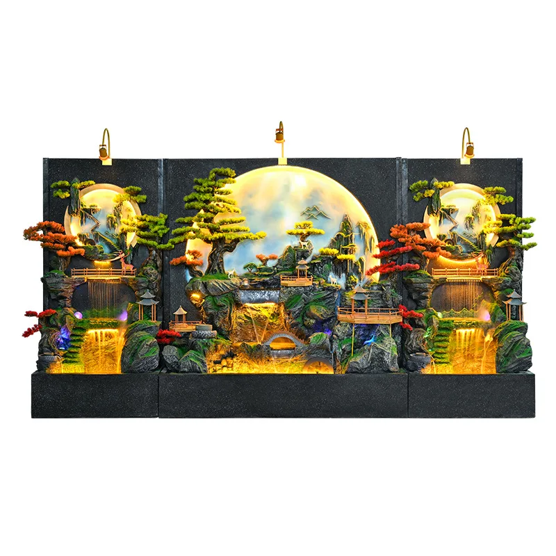 rockery waterfall water curtain wall fountain, large villa outdoor, courtyard lucky feng shui wheel decoration