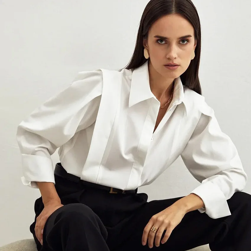 Lady Cloth Design Sense Niche French Commuting Right Angle Shoulder Slimming Shirt For Women. Summary Long Sleeve Patchwork High