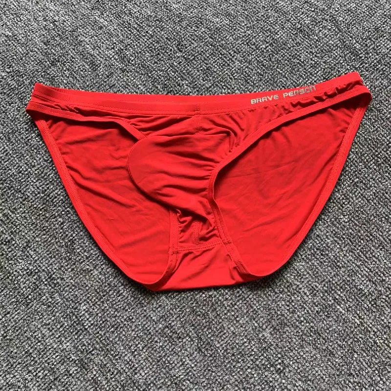 Men's underwear young low waist sexy, quick drying nylon ice silk sharp big bag solid color Briefs