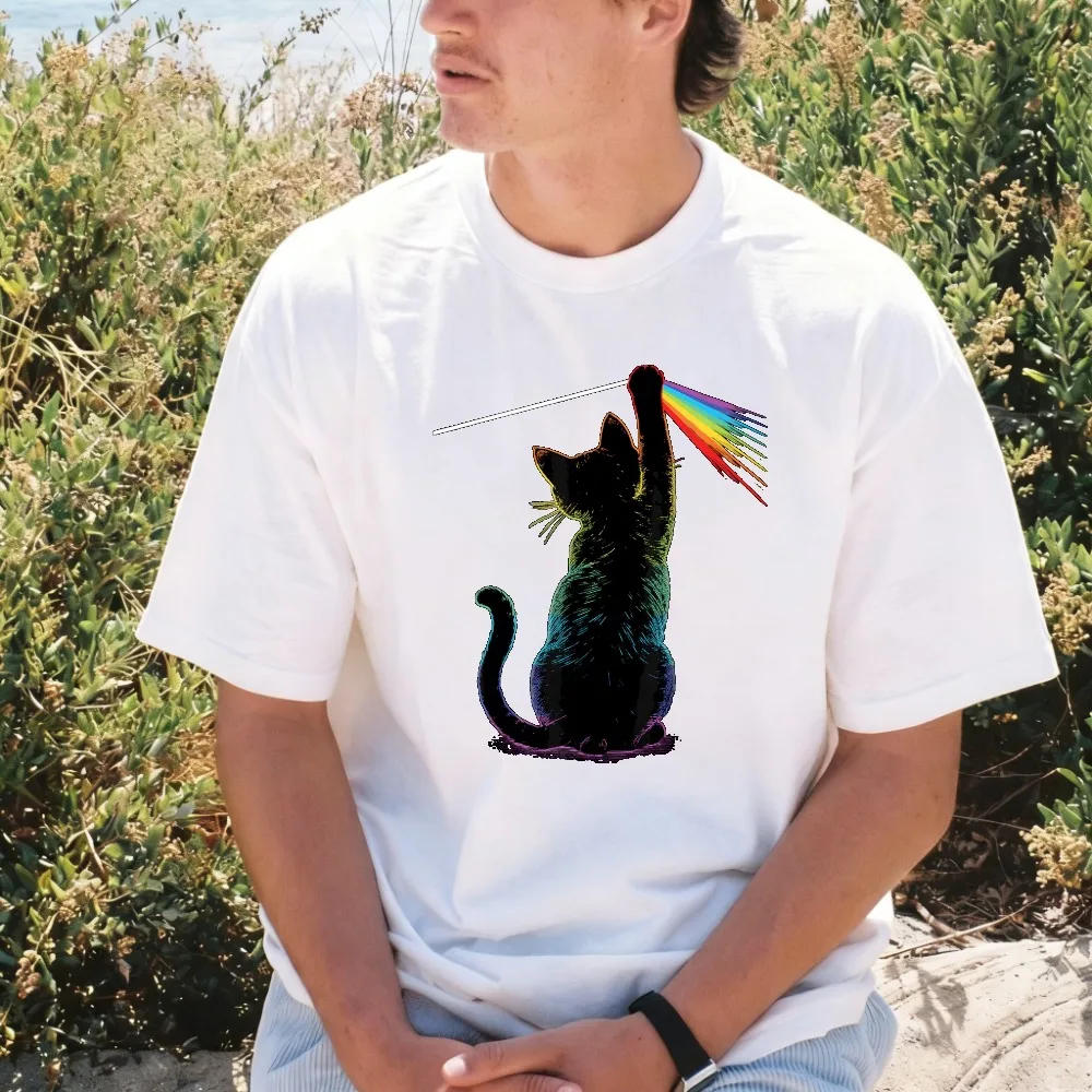 Funny Cat Rainbow Light Prism Graphic Printed Science Lover Physics T-Shirt Cotton Casual Fashion Loose Harajuku Man Women Tees