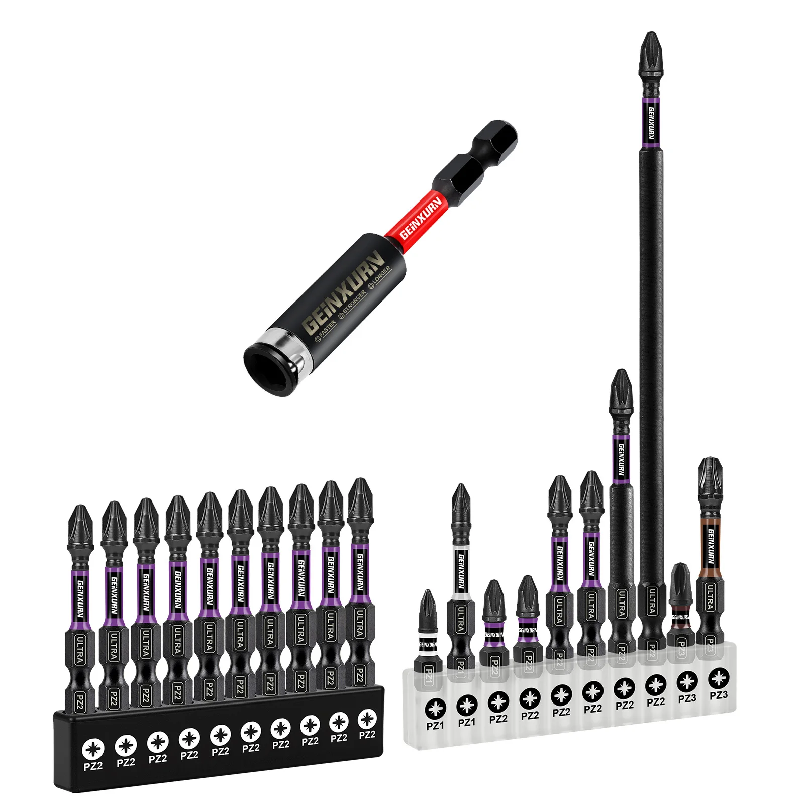 Geinxurn Impact Magnetic Pozi Screwdriver Bit Set(PZ1,PZ2,PZ3) with Bit Holder and Storage Organizer
