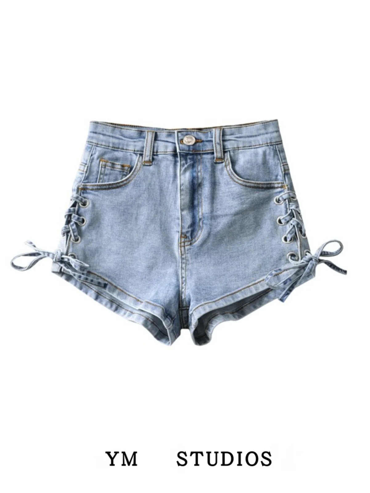 Design Style Washed Denim Side Buckle Wide Leg Pants Sexy Versatile Women's Jeans High Waist Shorts Street Fashion Trend