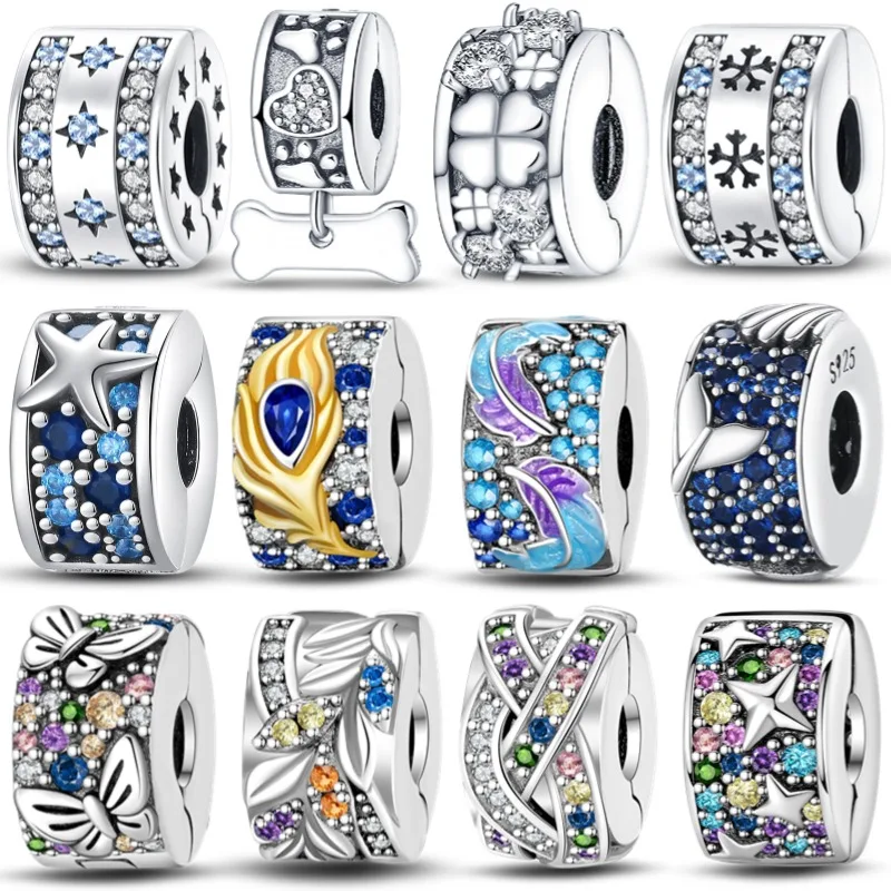 S925 Sterling Silver Fixed Buckle Series Star Four-leaf Clover Charms Fit 3MM Bracelet DIY Beads For Women Fine Jewelry Gift