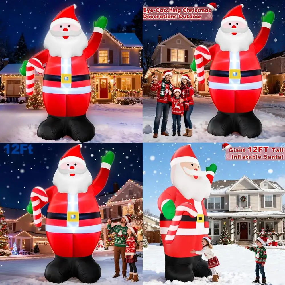 

Giant 12ft Santa Claus Christmas Inflatable Outdoor Decoration with Candy Cane and LED Lights for Lawn and Garden Holiday Party