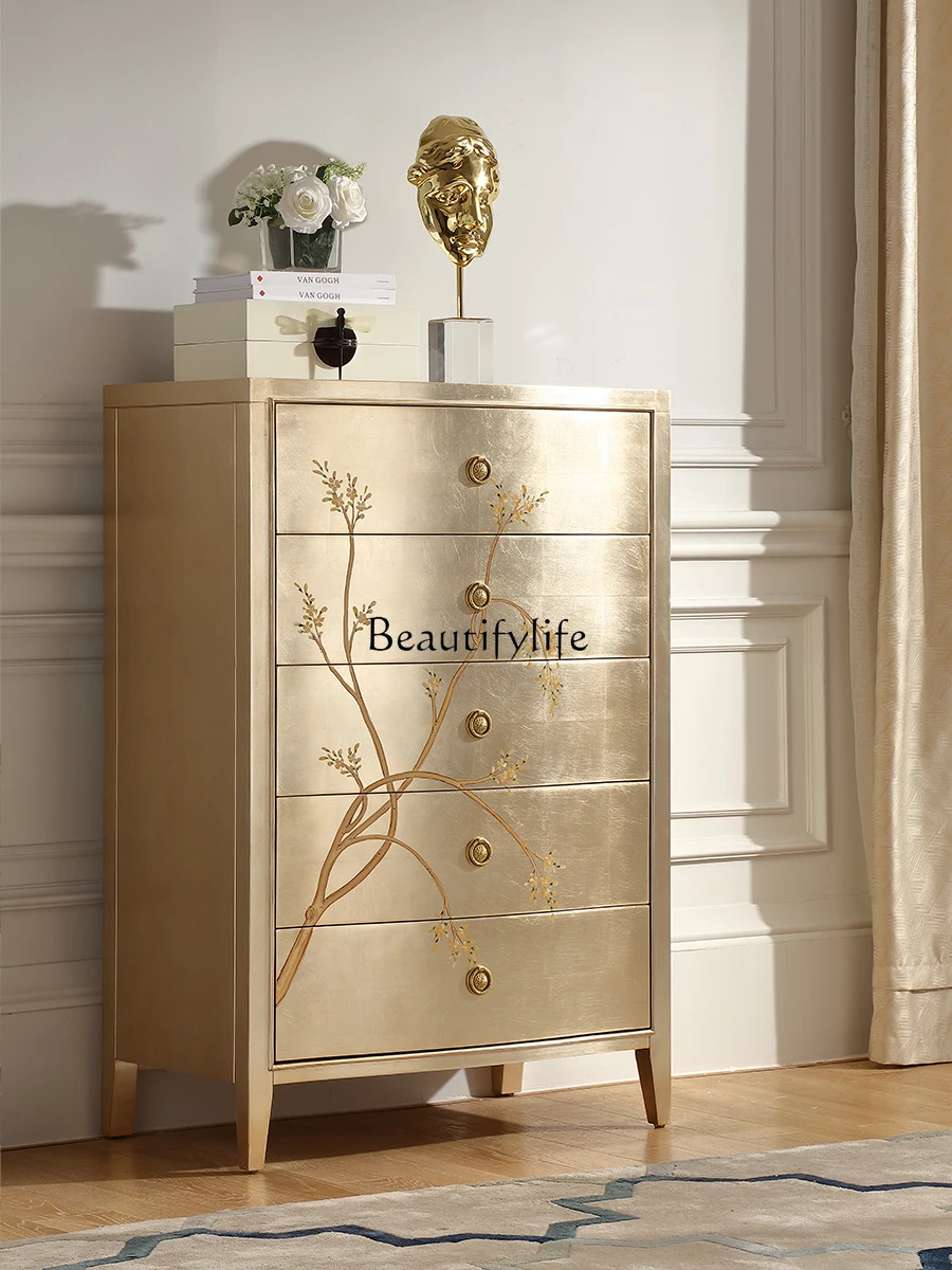 

French light luxury solid wood painted chest of drawers European champagne silver foil bedroom drawer locker