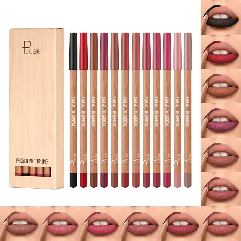 Pudaier 12 stks/set Lip Liner Pen 12 Kleuren Professionele Lipliner Potlood en Matte Lip non-stick Cup Naakt lippenstift Potlood