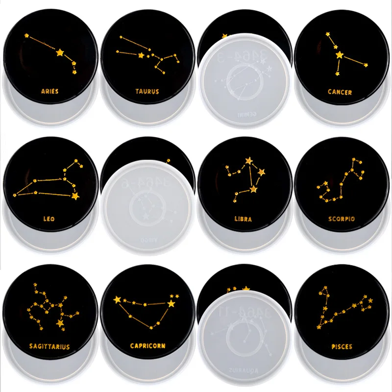 12PCS/Set Constellations Coaster Molds for DIY Epoxy Resin Plaster Cup Pad Mold Handmade Zodiac Table Mat Craft Mould Home Decor