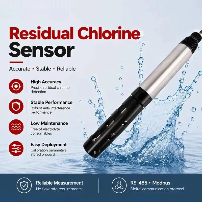 Online Residual Chlorine Sensor for Water Quality Monitoring 0~ 2mg/L or 0~ 20mg/L Constant Pressure Method RS485 MODBUS