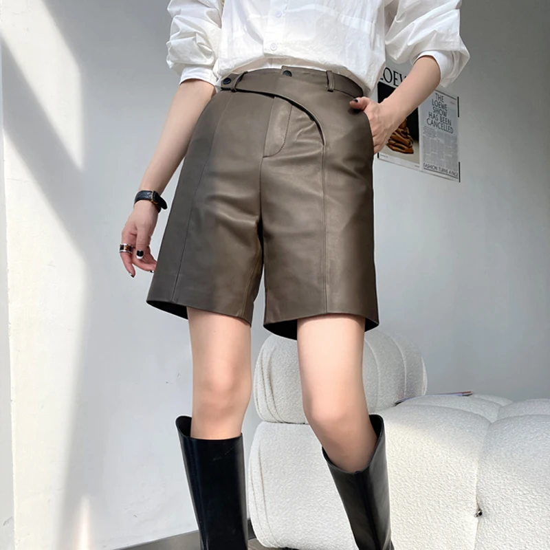 Women Lambskin Panties Bermuda 2023 Winter High Waist Genuine Leather Shorts Mujer Casual Straight Leg Grey Pants Calça Feminino