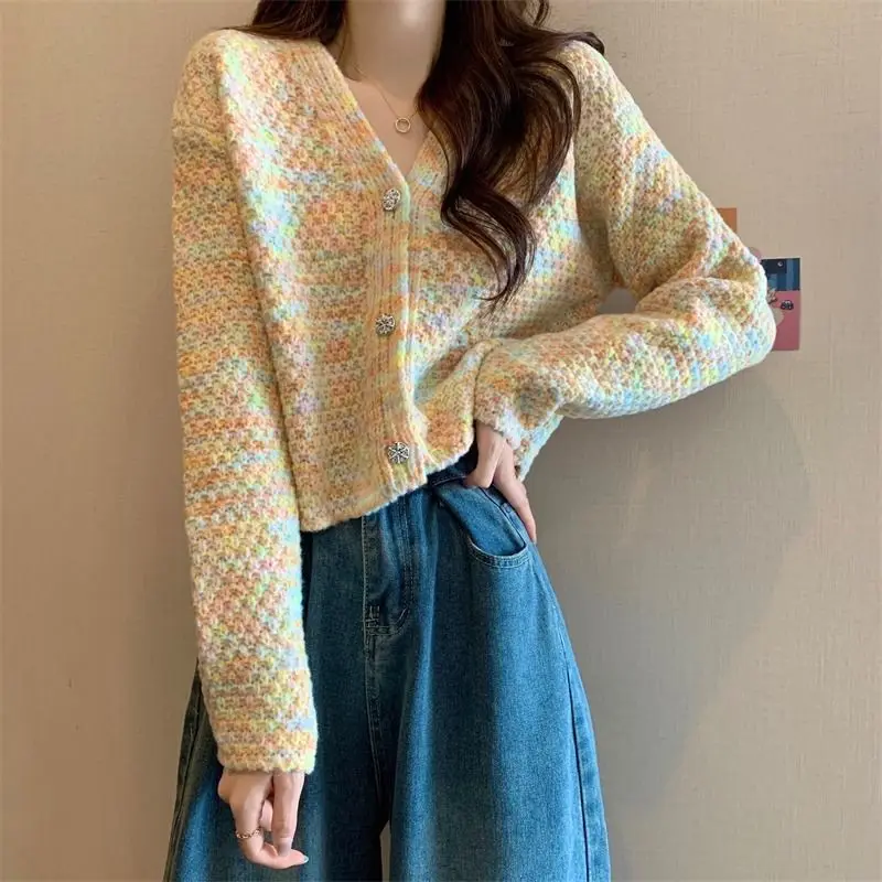 Autumn Woman Clothes Sweater V-neck Colorful Bright Lively Niche Tie Dye Elegant Unique Niche Sweet Leisure Casual Korean Trend