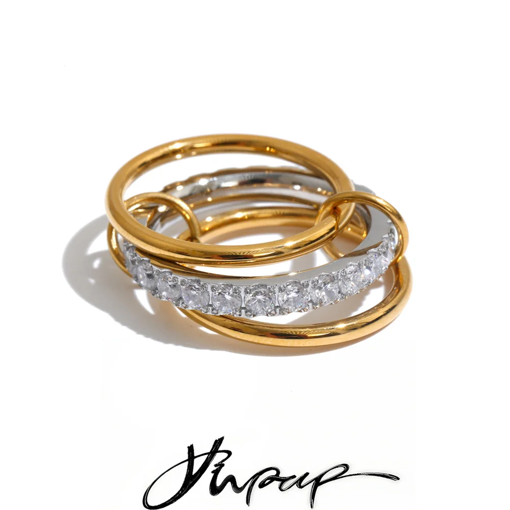 Yhpup Größe 678 Edelstahl 3-lagiger runder stapelbarer Fingerring, moderner, ästhetischer Zirkonia-Schmuck für den Sommer