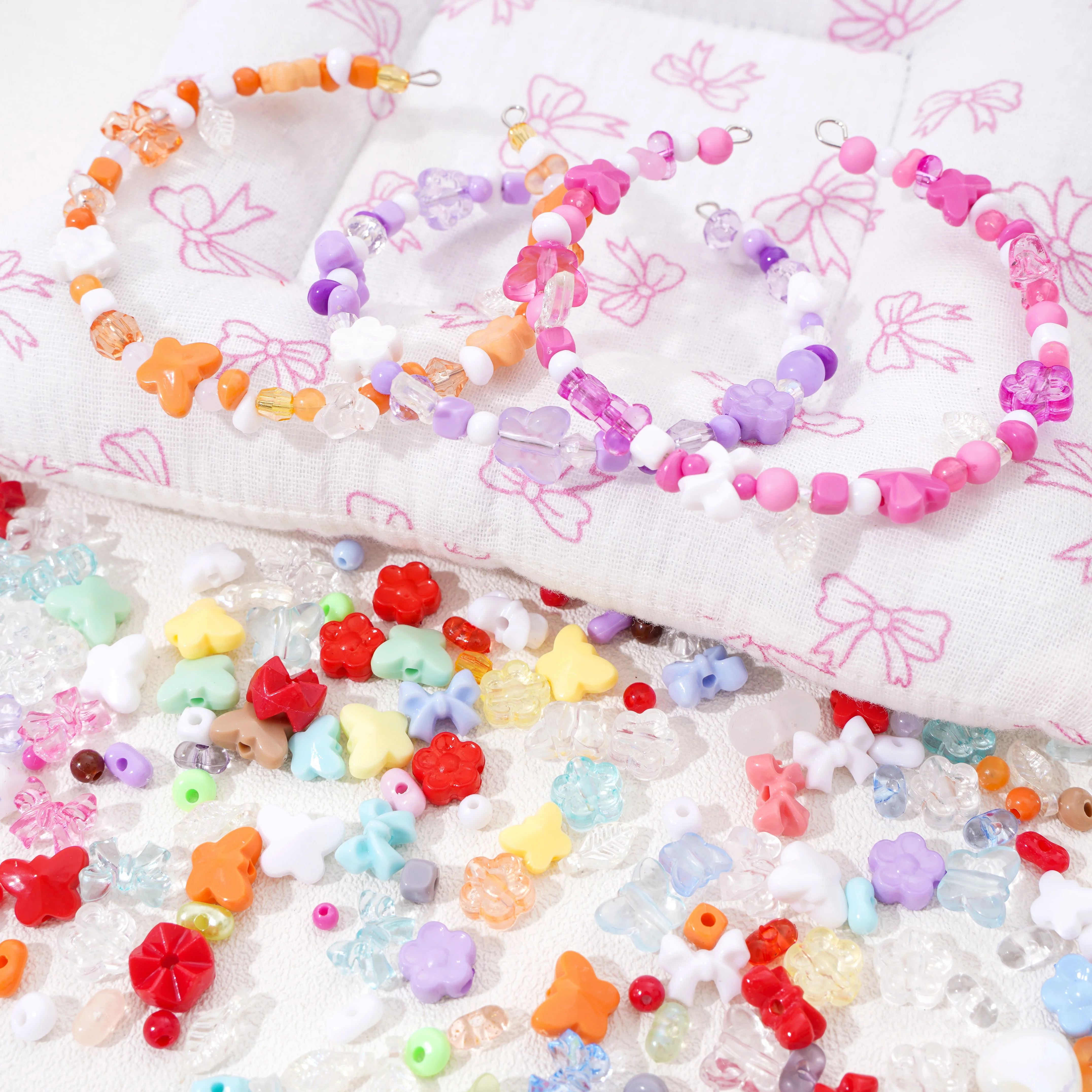 100-130pcs Colorful Mixed Style Round Bow Flower Beads Acrylic Loose Beads For Jewelry Making DIY Bracelets Keychain Accessories view 2