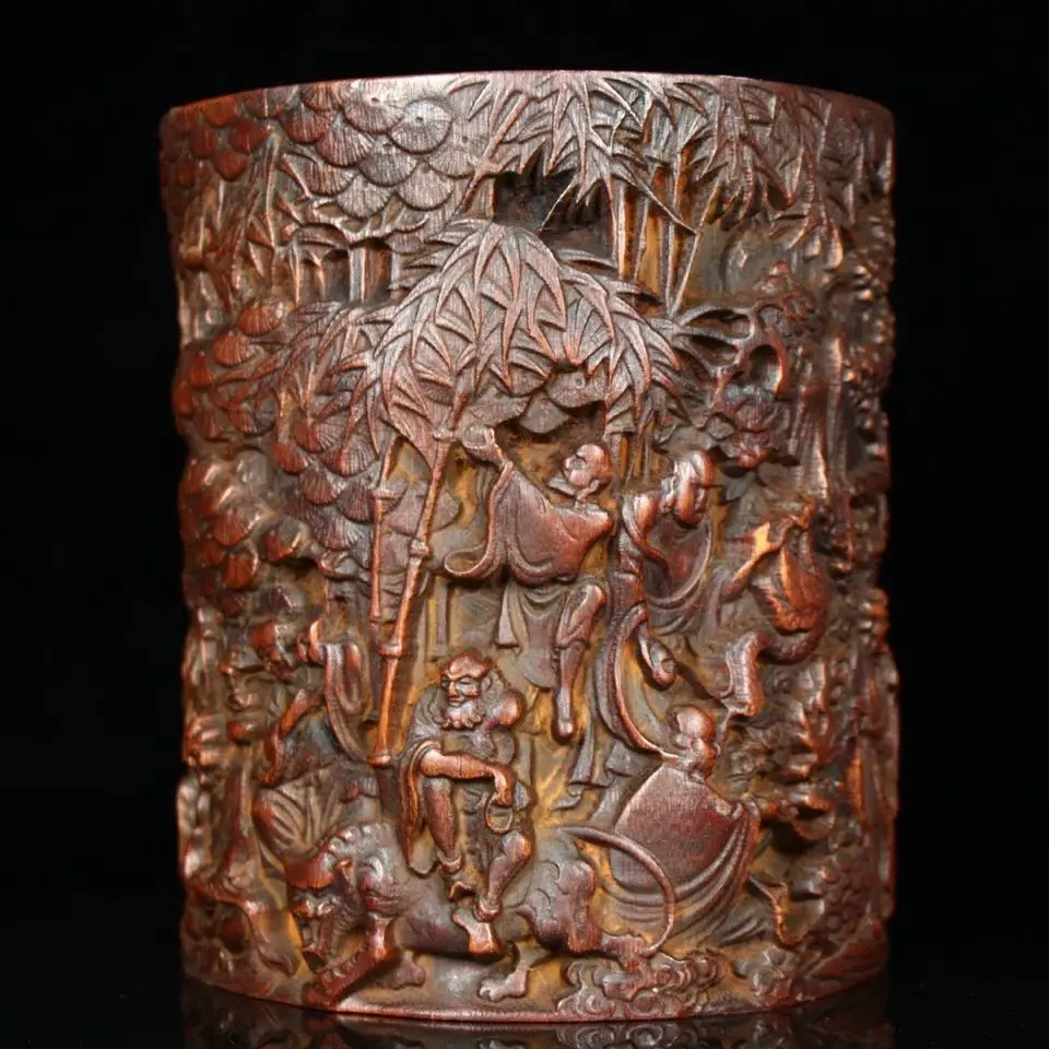 Hand Carved Wood Eighteen arhats pen holder Statue Figurine Desktop Ornaments Home Decoration Crafts Tea Pet Decor