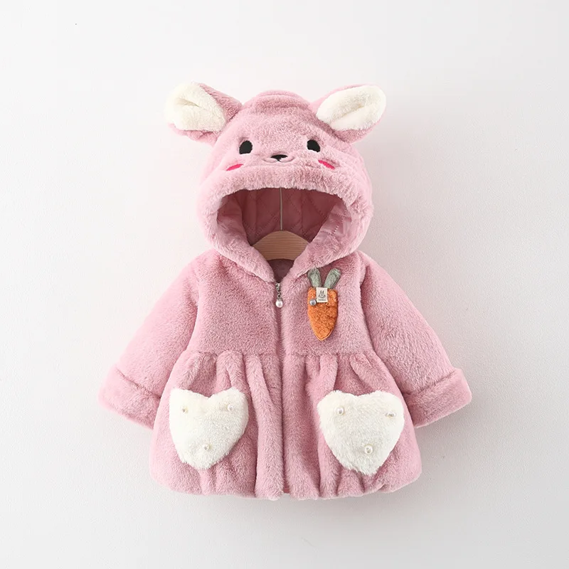 Winter New Girls' Plush Coat Newborn Girls' Warm Thickened Plush Jacket Hooded Top Cotton Coat （9 Months - 3 Years Old）
