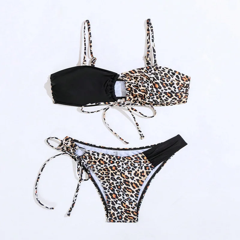 2 Piece Sexy Trend Leopard Print Patchwork Swimsuit Bikini Set for Women,Extreme Micro Thong,Beach Suit,Mesh Crop Top,Beachwear