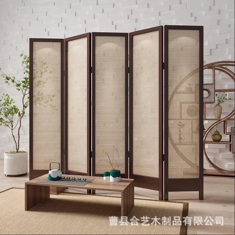 Rattan screen folding mobile partition shield decoration B&B hotel office tea room Japanese style solid wood simple