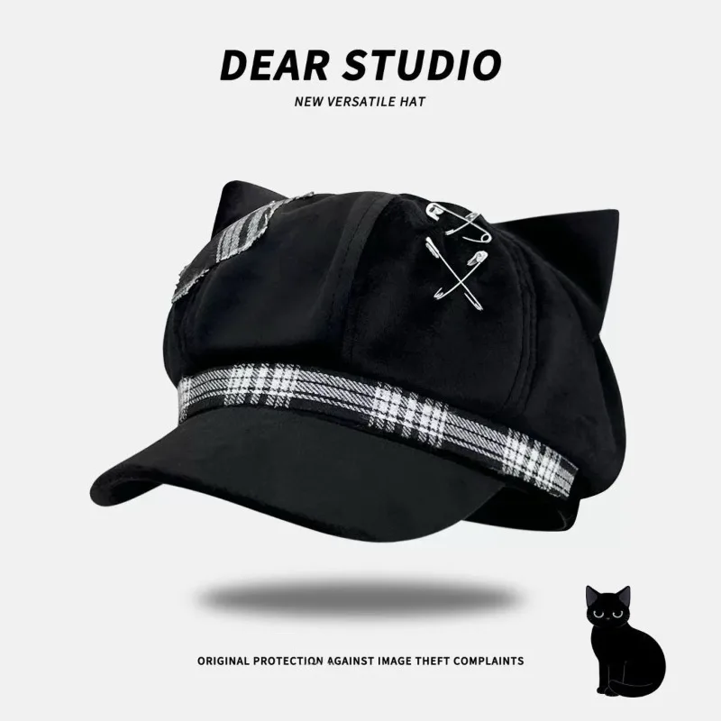 Black Punk Beret for Women Y2K Hot Girl Aesthetic Subculture Headwear Spring New Arrival Versatile Octagonal Hat Otaku Fashion