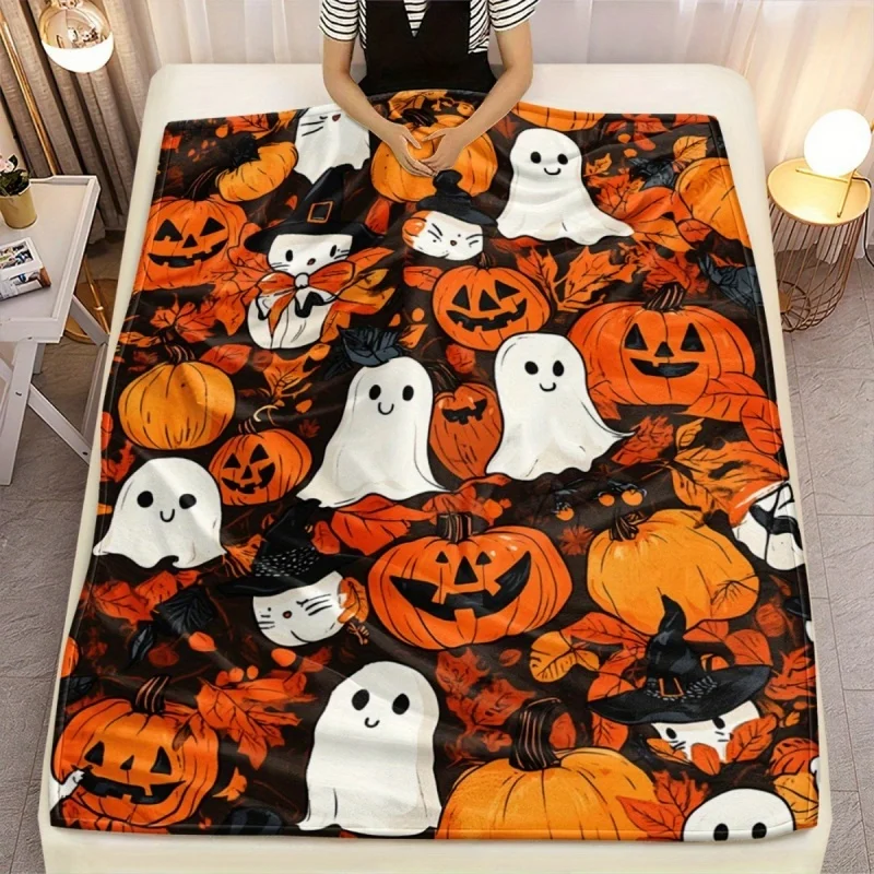 Halloween Cat Flannel Blanket Cute Ghost Pumpkin Maple Leaves Fleece Blanket Soft Cozy Warm Throw Blankets For Bed Sofa Decor