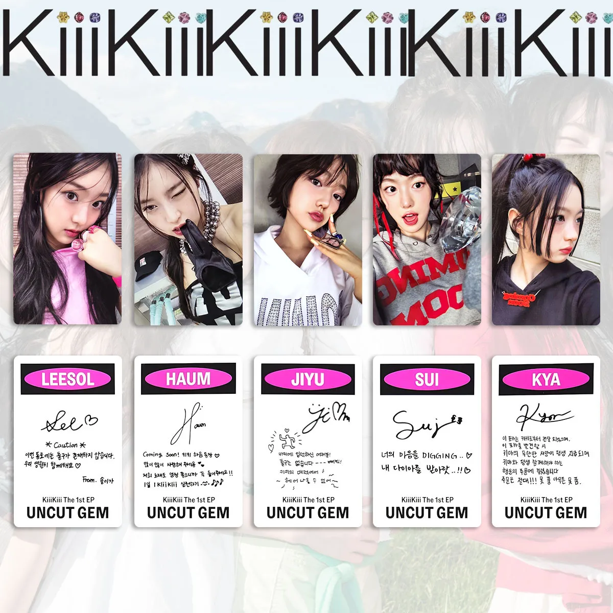 5Pcs/Set Kpop KiiiKiii UNCUT GEM 1st EP Photocards Leesol Sui Haum